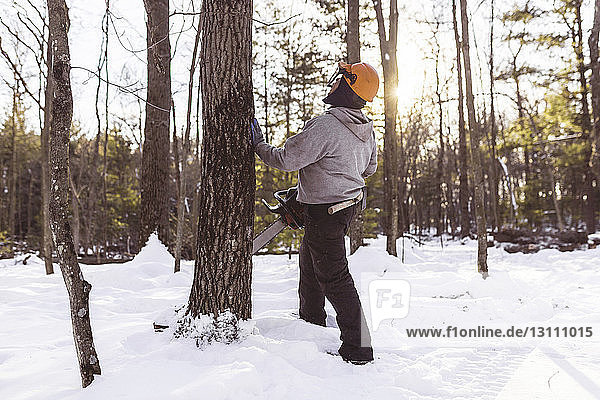 Seitenansicht eines Holzfällers  der eine Kettensäge hält  während er im Winter an einem Baumstamm im Wald steht