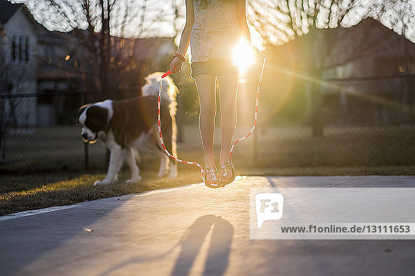 Niedriger Abschnitt eines Mädchenspringseils auf einem Spielplatz mit Hund im Hintergrund