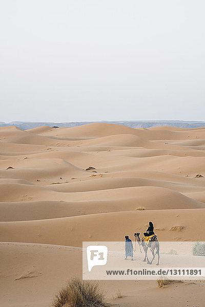 Rückansicht einer auf einem Kamel reitenden Frau in der Wüste Sahara bei klarem Himmel