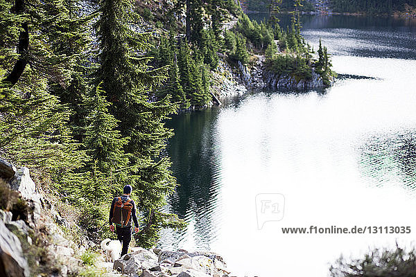 Hochwinkelaufnahme eines Wanderers und eines Hundes  die auf Felsen am Snow Lake stehen