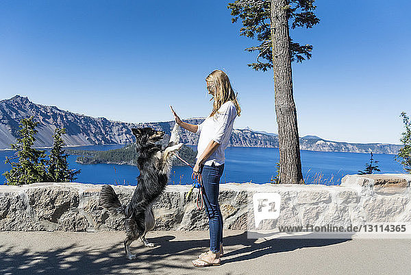 Woman giving high-five to playful dog while standing against lake