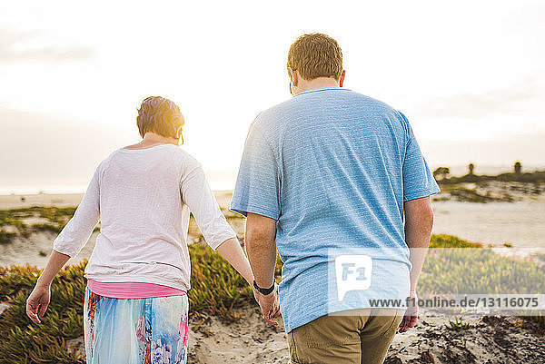 Rear view of couple holding hands while walking on field