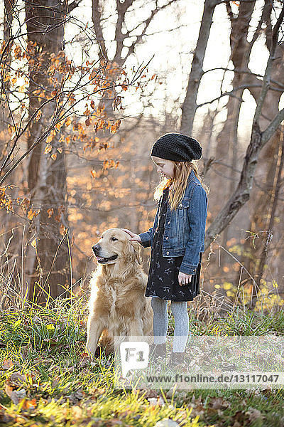 Mädchen streichelt Hund in voller Länge  während sie im Park steht