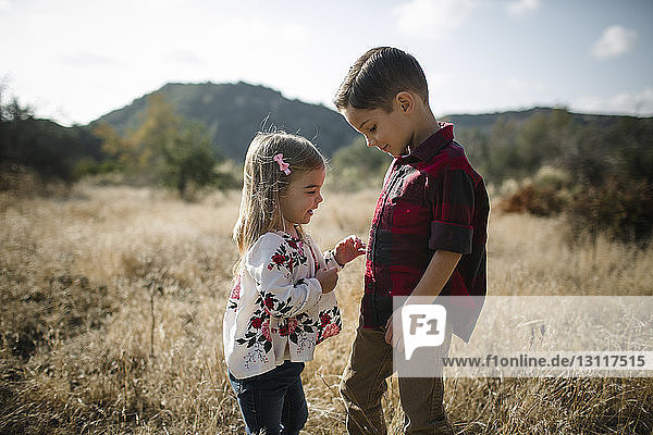 Side view of siblings standing on grassy field