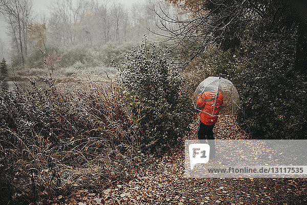 Seitenansicht eines Jungen  der einen Regenschirm trägt  während er im Wald steht