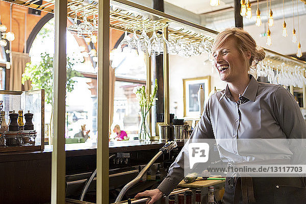 Cheerful bartender standing at counter in bar