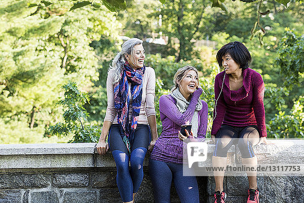 Glückliche Frauen sehen Freundin an  die auf einer Stützmauer im Park sitzt