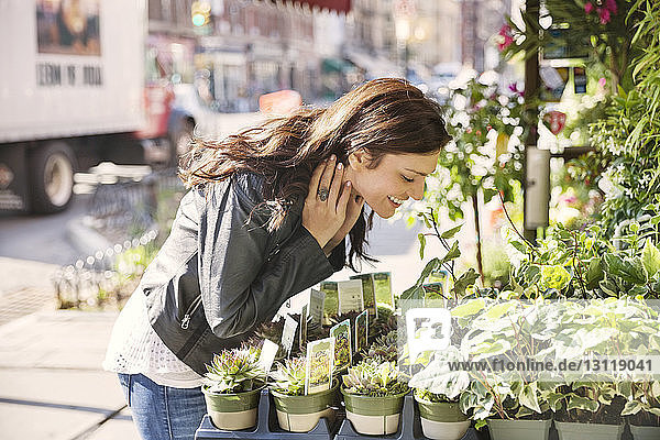 Glückliche Frau riecht Pflanzen am Marktstand