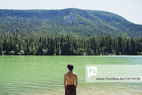 Rear view of boy standing by lake against mountain on sunny day