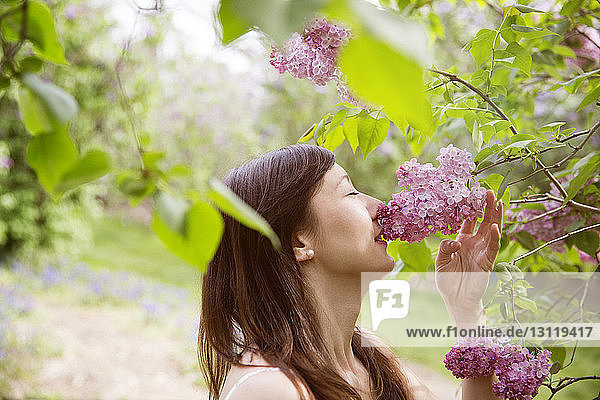 Side view of beautiful woman smelling flowers in park