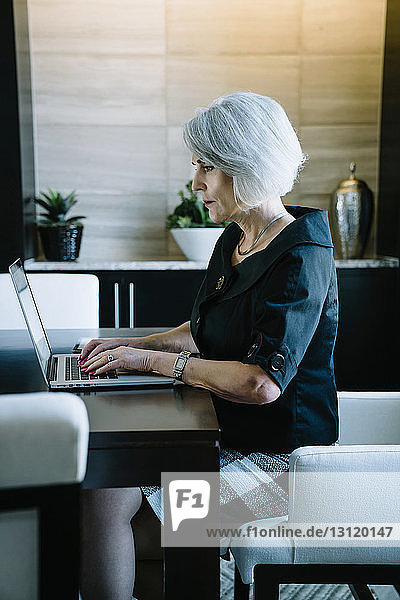 Seitenansicht einer Geschäftsfrau  die im Büro an einem Laptop-Computer arbeitet