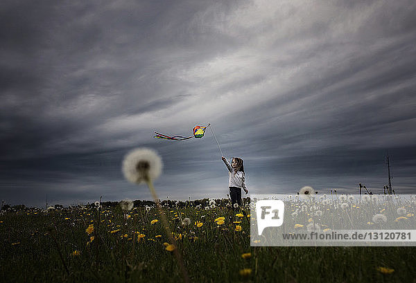 Girl playing with kite while standing on dandelion field against stormy clouds