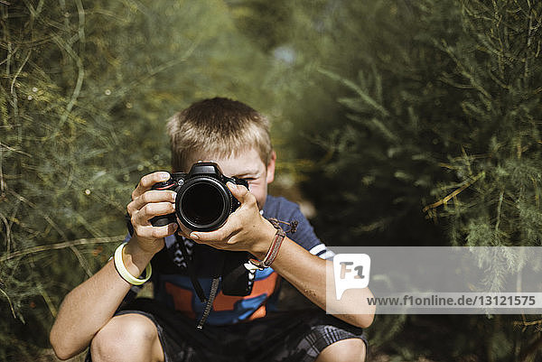 Boy photographing with camera while crouching amidst plants on field during sunny day