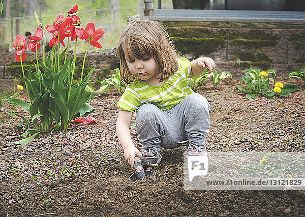 Cute girl digging soil with trowel while crouching in garden