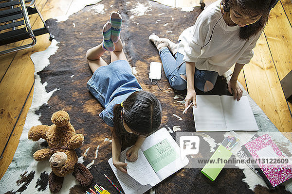 High angle view of siblings studying on carpet