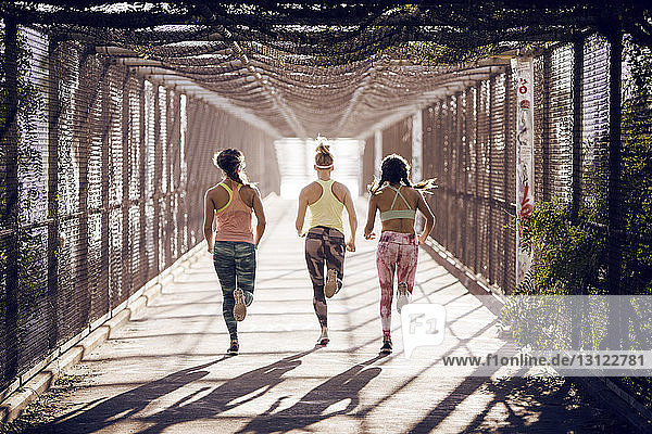 Rückansicht von Sportlerinnen  die an einem sonnigen Tag auf der Brücke joggen