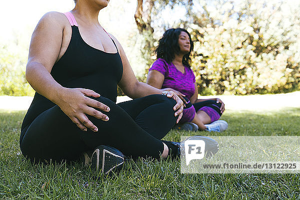 Weibliche Freunde meditieren  während sie im Park sitzen
