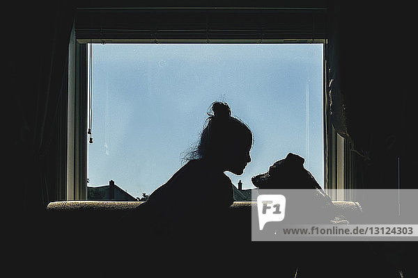 Girl and dog sitting on window sill against clear sky