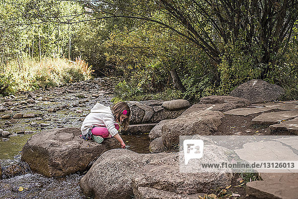 Side view of girl sitting on rock by river in forest