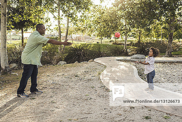 Vater und Sohn spielen mit dem Ball im Park