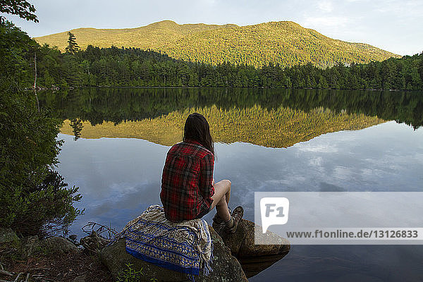 Rear view of woman looking at view while sitting on rock by pond in forest