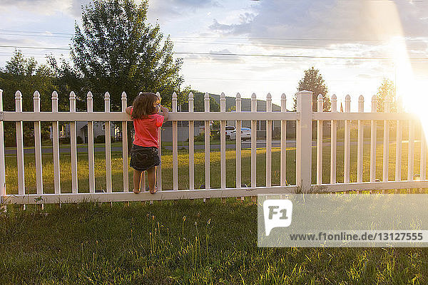 Rückansicht eines auf einem Zaun stehenden Mädchens am Feld