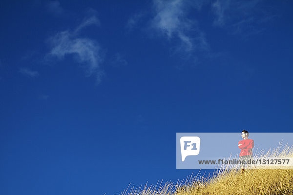Selbstbewusster Mann steht auf Berg gegen blauen Himmel