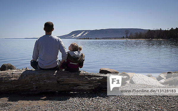 Rückansicht von Vater und Tochter auf einem Baumstamm am Seeufer sitzend vor klarem Himmel bei Sonnenschein