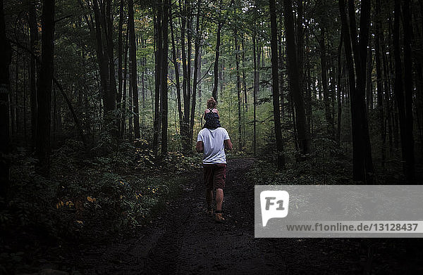 Rückansicht eines Vaters  der seine Tochter auf den Schultern trägt  im Wald