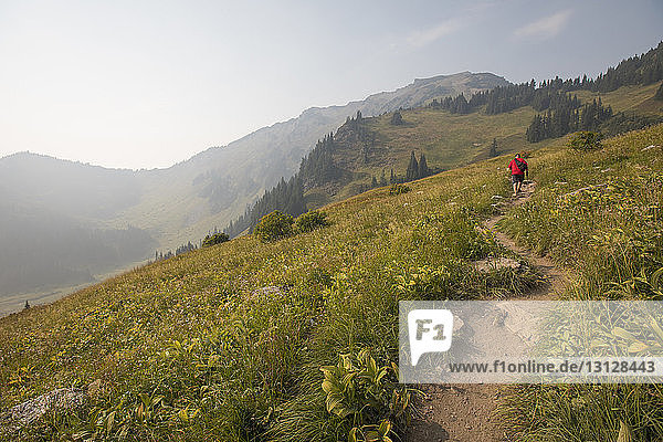Mid distance view of hiker walking on trail amidst field against mountains