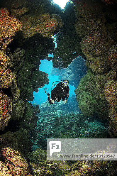 Man scuba diving by coral reef in sea