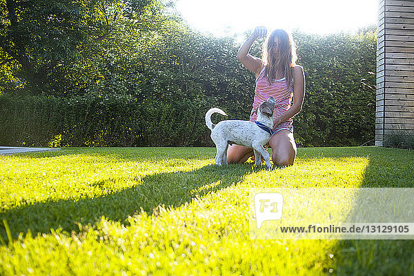 Frau kniend beim Spielen mit Hund auf Grasfeld im Hinterhof