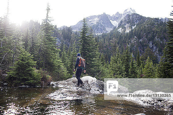Hiker and dog walking on rocks by Snow Lake against mountains