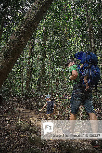 Father with children hiking at forest