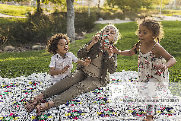 Großmutter bläst Blasen  während sie mit Enkelkindern auf einer Picknickdecke im Park spielt