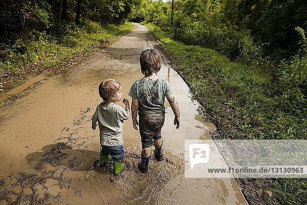 Rear view of messy brothers walking in dirty puddle on road