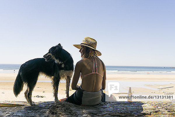 Rear view of happy woman with dog enjoying at beach