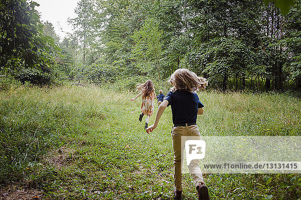 Rear view of siblings running on grassy field in forest
