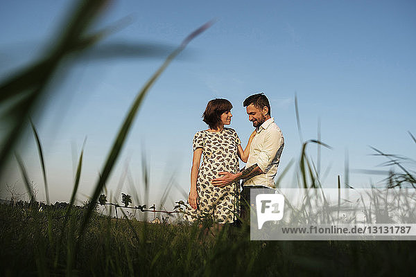 Low angle view of man touching PRegnant woman's stomach while standing on grassy field against clear sky