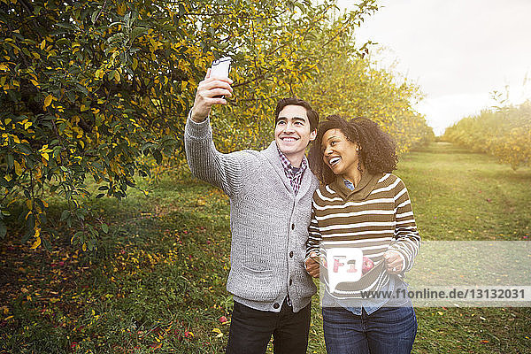 Man taking selfie while standing with girlfriend carrying apples in orchard