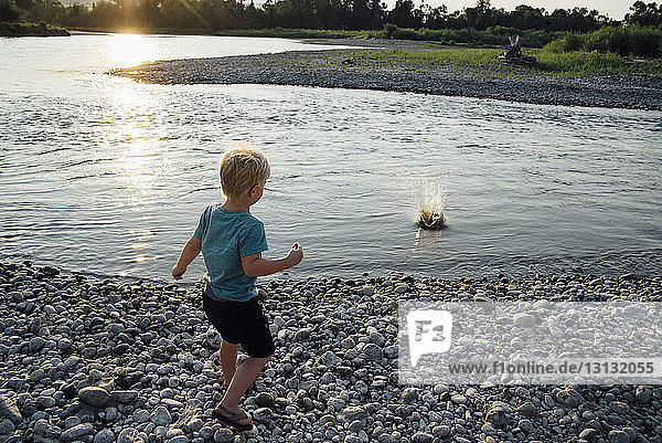 Rear view of boy throwing stones in lake during sunset