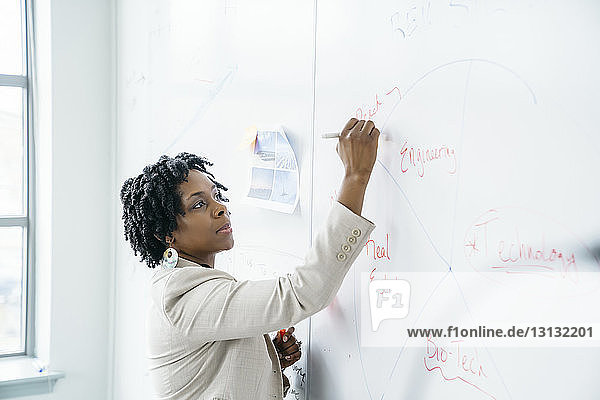 Seitenansicht einer selbstbewussten Geschäftsfrau  die im Büro an einer Tafel schreibt
