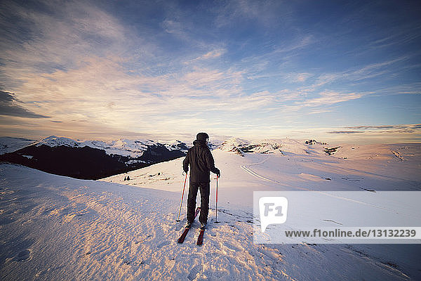 Rear view of skier standing on snowcapped mountain