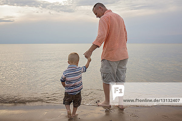 Rear view of father holding son's hand while standing on shore at beach