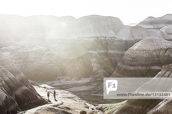 Hochwinkelaufnahme von Freunden beim Wandern inmitten der Berge im Versteinerten Wald im Nationalpark Versteinerter Wald bei sonnigem Wetter