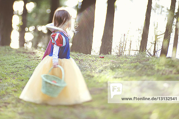 Side view of girl in dress carrying basket on field