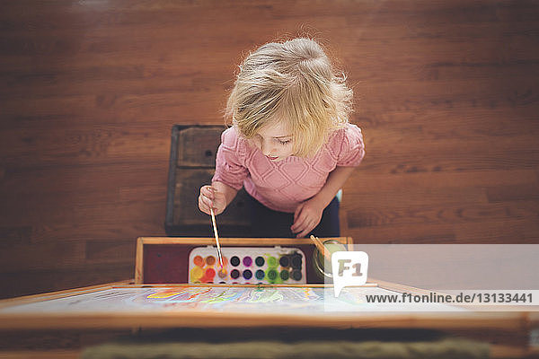 High angle view of girl painting on canvas at home