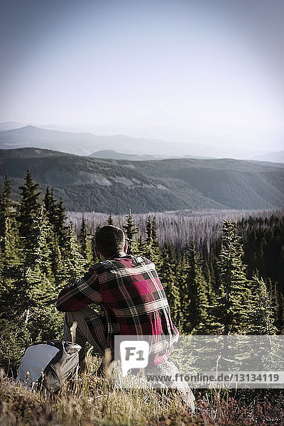 Rückansicht eines Mannes  der auf einem Felsen gegen Bäume und Berge sitzt