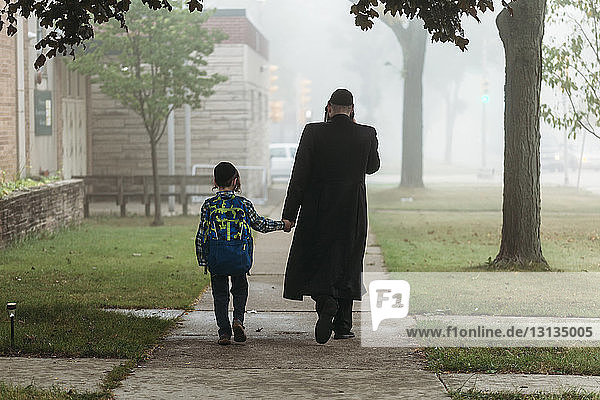 Rückansicht eines Vaters und eines Jungen  die bei nebligem Wetter auf einem Fußweg gehen