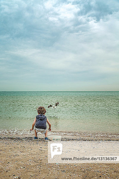 Rückansicht eines Jungen  der am Strand gegen bewölkten Himmel spielt